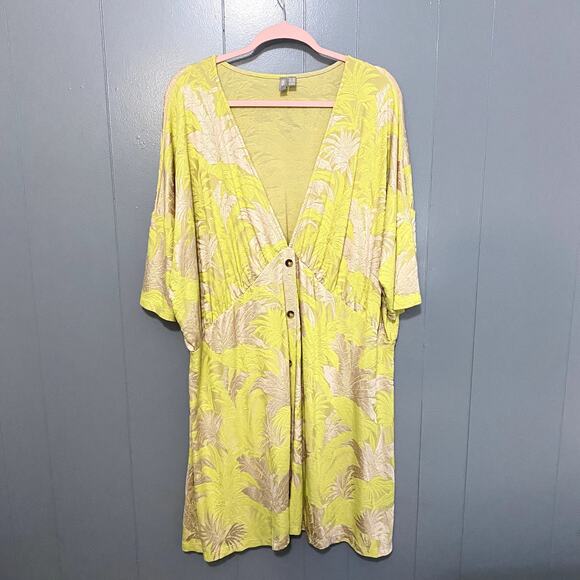 ASOS Yellow Champaign Shimmer Tropical Print Deep V-neck Boho Midi Dress 22 - Picture 1 of 8